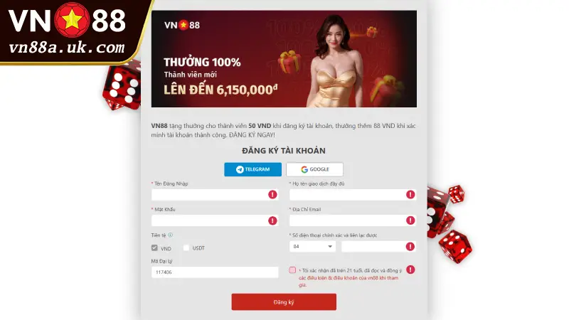 Giao diện đăng ký tài khoản VN88